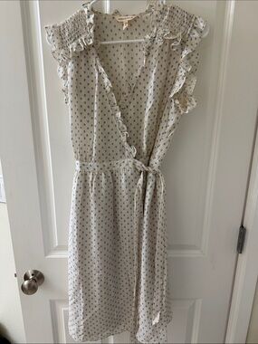 Rebecca Taylor Cream Midi Wrap Dress with Blue Print